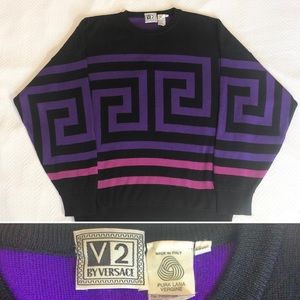 Versace V2 Black and Purple Geometric Wool Sweater with Pink Accents